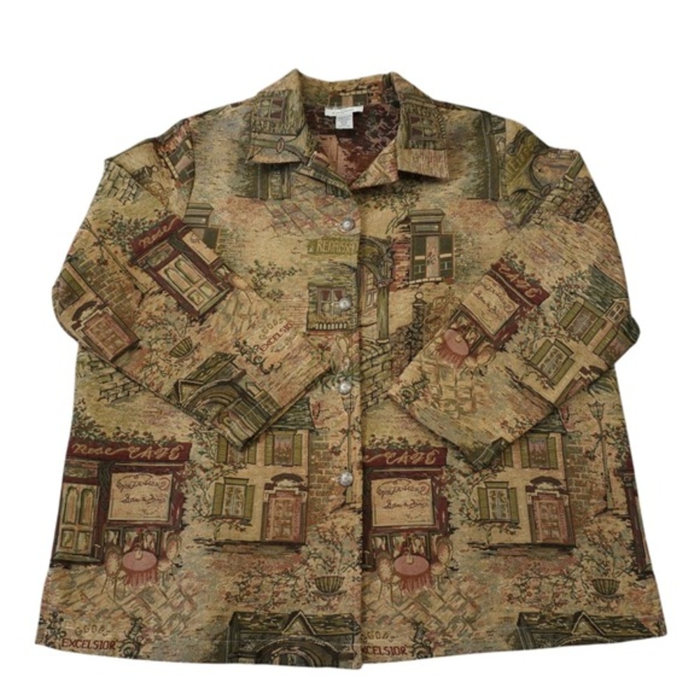Vintage Tapestry Jacket Cafe Scene Button Up Boho Art Print Retro 90s Style 20P